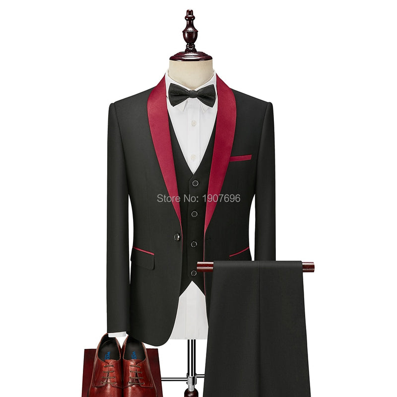 3 Piece Boyfriend Men Suits for Slim Fit Wedding Tuxedos Black Formal Groom Jacket Pants Vest Ready in Stock