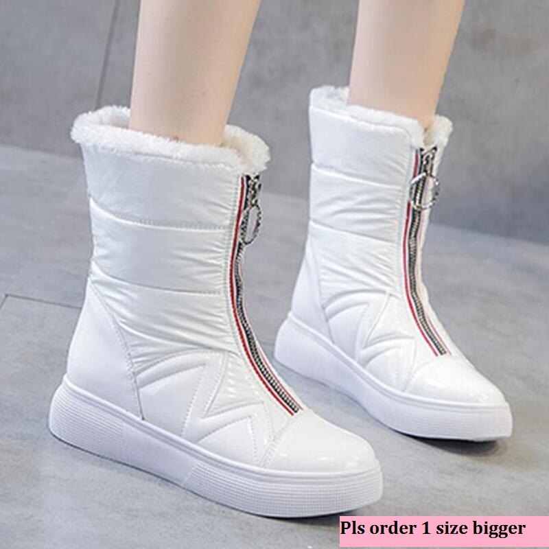 Thicken plush Waterproof Snow Boots Women's Short Boots Wild Joker White Botties Warm Botas Winter Shoes Black White Front Zip