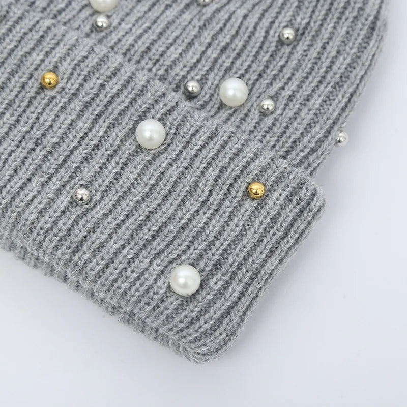 Winter Knitted Beanie Women Fashion Rhinestone Pearls Knitting Hats Ladies Casual Skullies Cap Female Solid Color Casual Bone