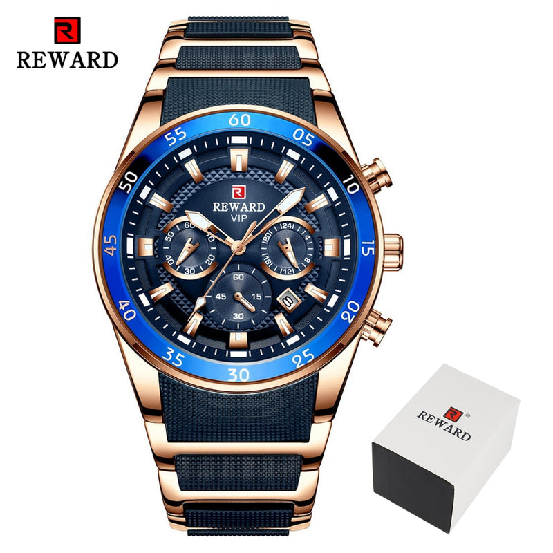 REWARD Brand Mens Watches Luxury Quartz Blue Watch Full Steel Men Chronograph Waterproof Business Wrist Watch Relogio Masculino