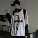 QWEEK Gothic Goth Style T-Shirt 2021 Mall Goth Tops Punk Langarm Oversized T-Shirt Fake Two-Piece Street Fashion Korean Style