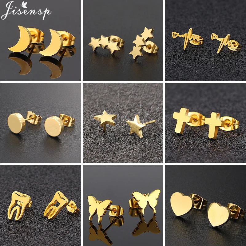 Multiple Stainless Steel Stud Earrings for Women Kids Black Minimalist Round Star Moon Cross Earring 2024 Jewelry Accessories