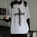 QWEEK Gothic Goth Style T-Shirt 2021 Mall Goth Tops Punk Langarm Oversized T-Shirt Fake Two-Piece Street Fashion Korean Style