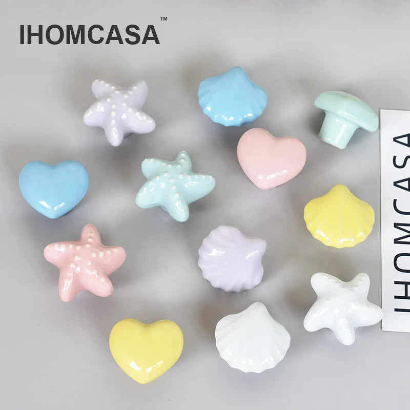 IHOMCASA Ceramic Knob Heart Seastar Shell Children Room Furniture Hardware Cabinet Handles Kitchen Wardrobe Bookcase Drawer Pull