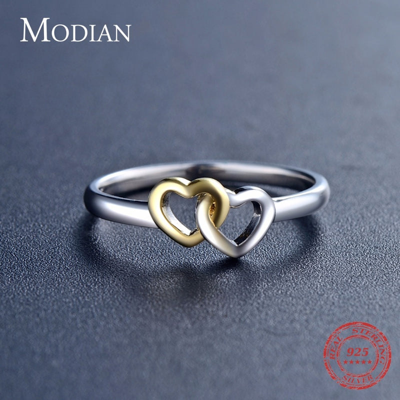 Modian New Authentic 100% 925 Sterling Silver Ring & Stud Earrings Fashion Double Hearts Gold White Color Wedding Jewelry Set