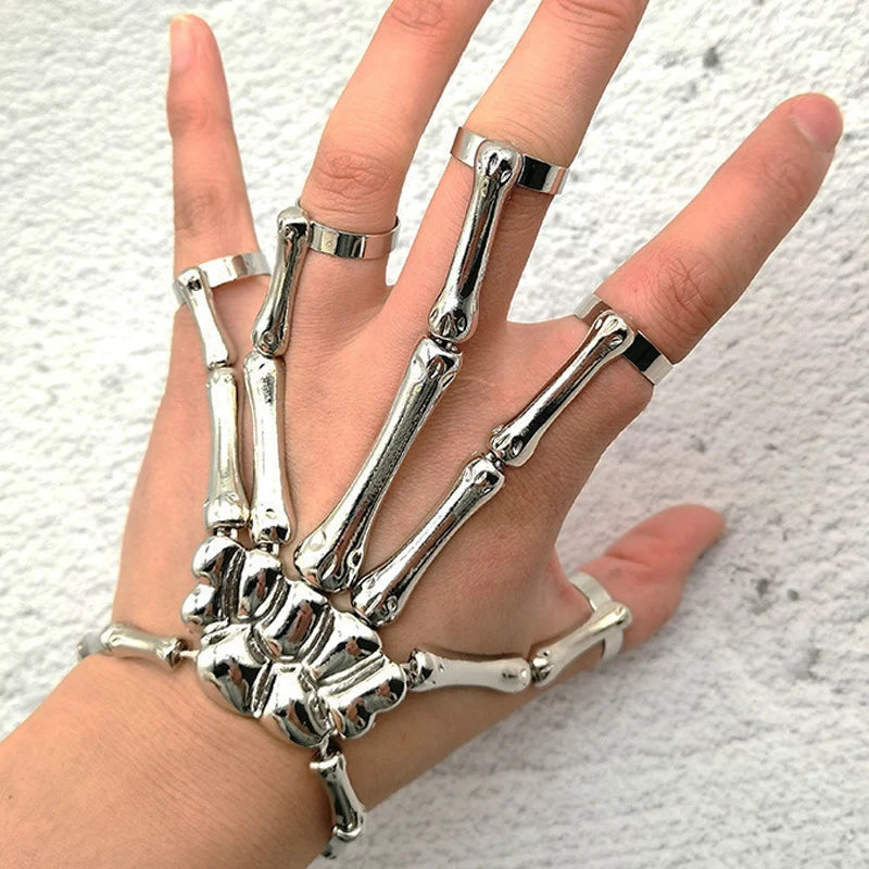 Creative Punk Skeleton Hand Bone Versatile Five Finger Ring Bracelet Adjustable One Chain Bracelet Halloween Bracelet Unisex