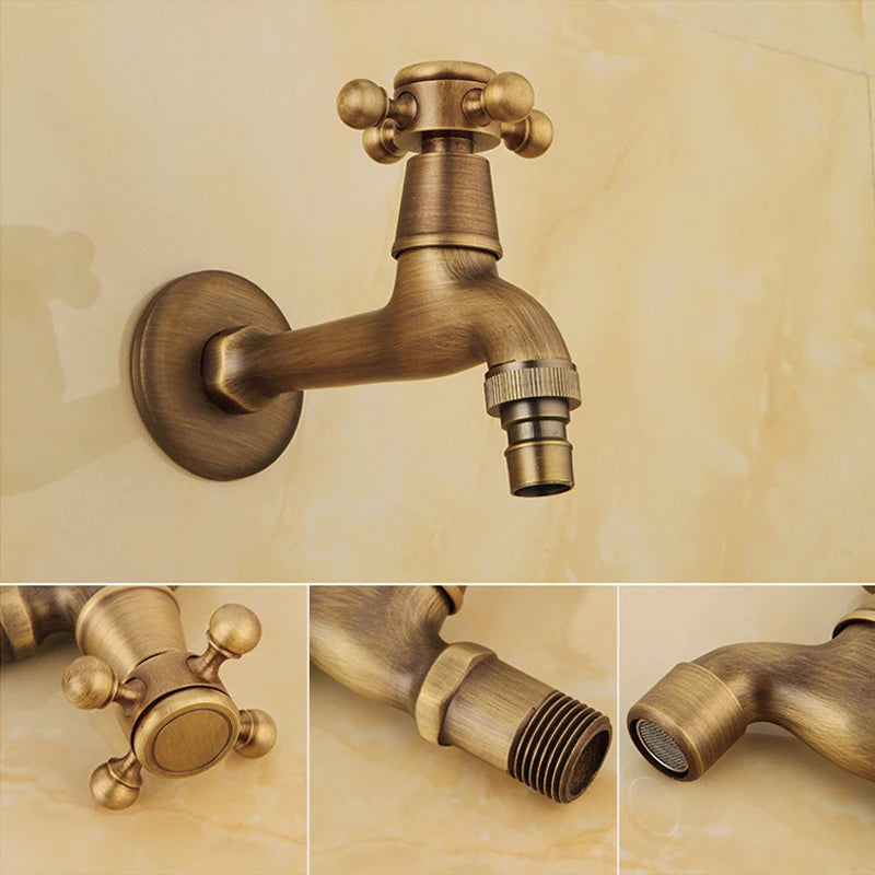 Wall Mounted Antique Brass Bathroom Washing Machine Faucet Mop Pool Tap Cold Water Bibcock Tap Decorative Outdoor Garden Faucet