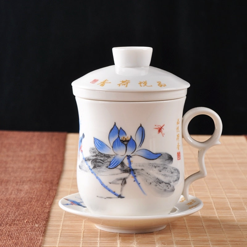 Blue and white porcelain ceramic office four-piece cup with lid including filter equipment personal lunch cup gift conference