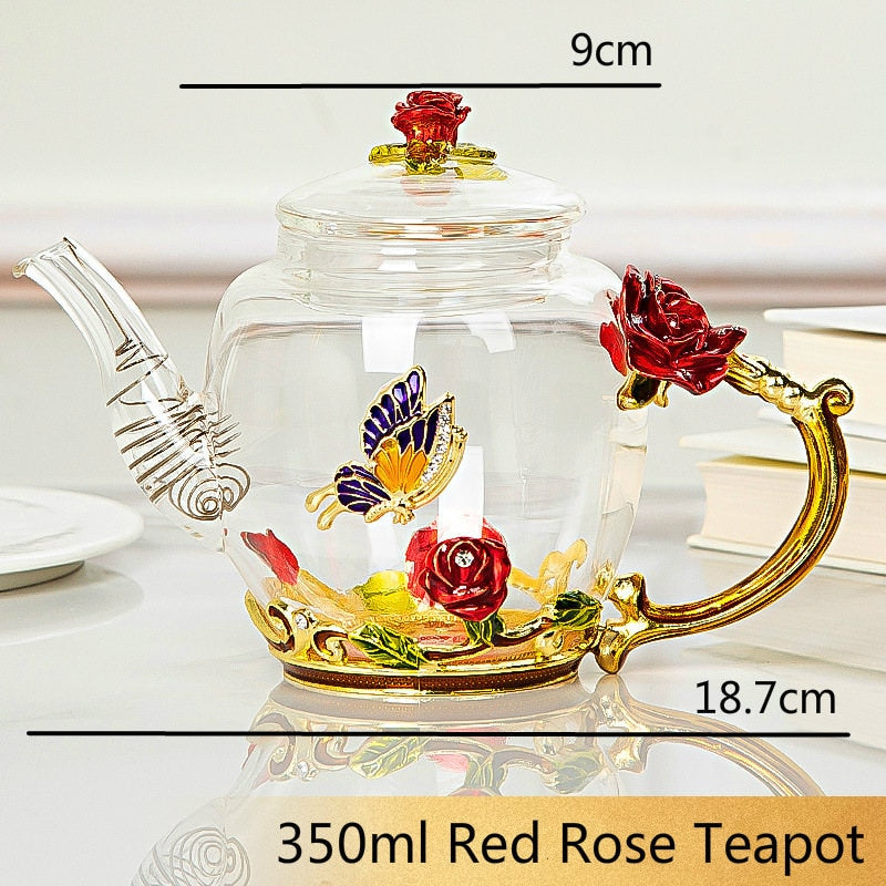 Red rose Enamel Crystal Flower Glass Teapot for Hot and Cold Drinks Home Drinkware Office water kettle Tea set coffee pot