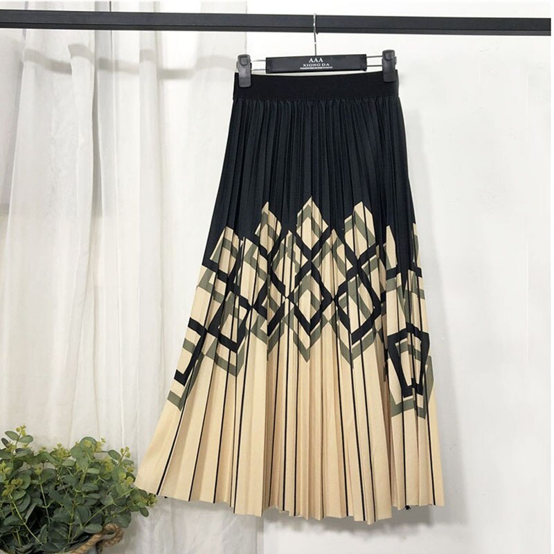 Geometric Striped Skirts For Women 2022 Summer OL Black Pleated Skirt Casual A-Line Patchwork Print Midi Skirt Autumn Winter New