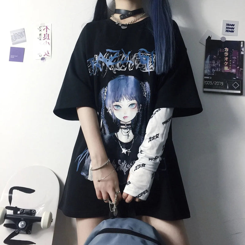 Gothic Clothes Loose T Shirts Harajuku Style Print Anime Tshirt Streetwear Female Short Sleeve Woman T-shirt E Girl Clothes