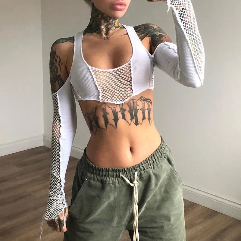 Dourbesty 2000s Sexy Off Shoulder Crop Top Women Fashion Fishnet Long Sleeve Hollow Out Sexy Tees E-girl Grunge Tshirts Clubwear