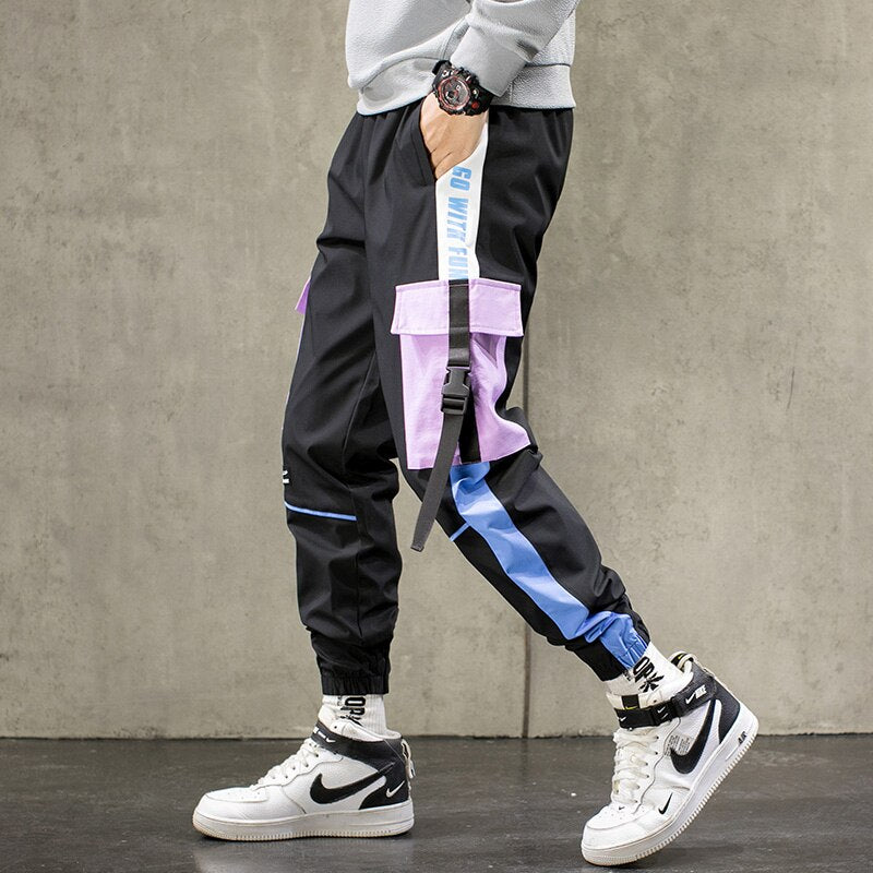 Streetwear Men Black Joggers Pants 2023 Mens Big Pockets Ribbons Hiphop Cargo Pants Male Overalls Sweatpants Men Clothes