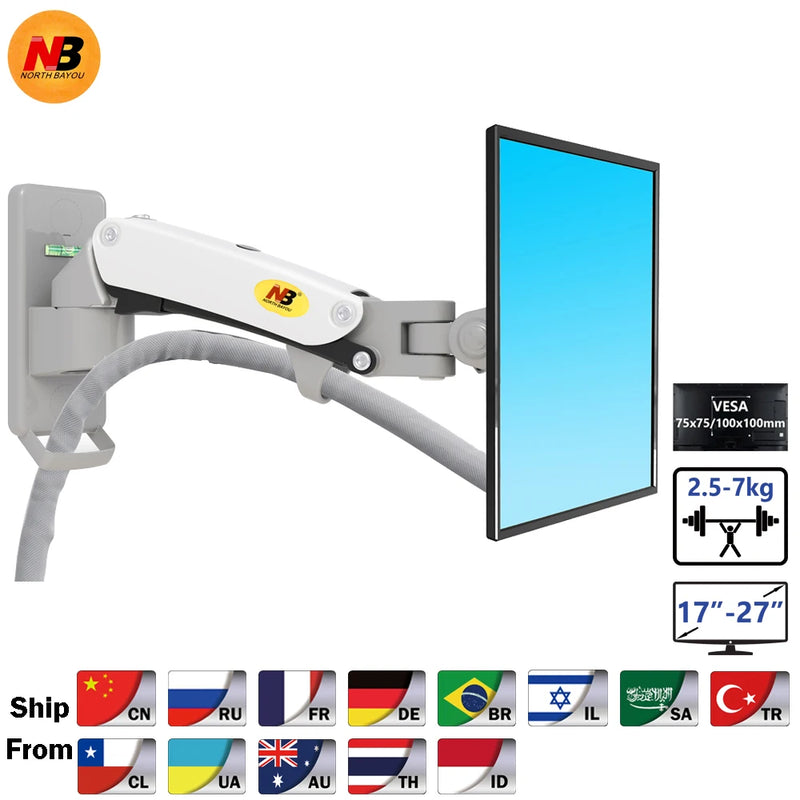 NB F120 17-27" Gas Spring Full Motion TV Wall Mount LCD Monitor Holder Aluminum Arm Bracket Silver Black