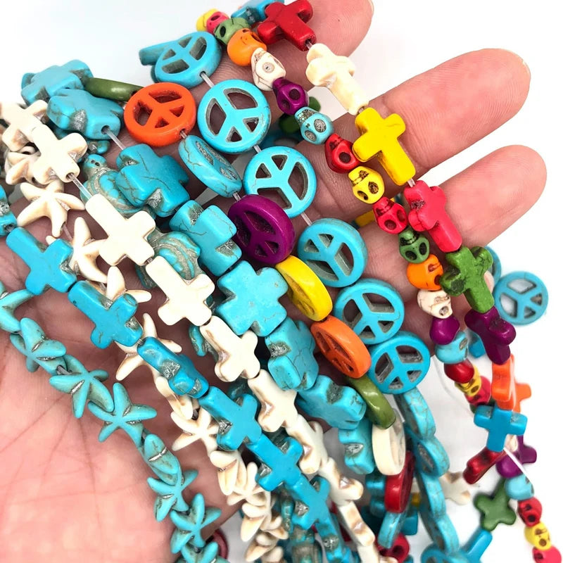 11 Multicolor Round Starfish Skull Heart Howlite Flower Peace Cross Natural Turquoises Loose Seed Beads For Jewelry Making DIY
