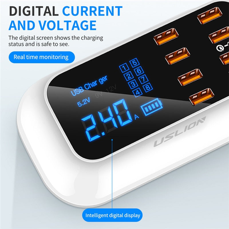 USLION 8 Port USB Charger HUB Quick Charge 3.0 LED Display Multi USB Charging Station Mobile Phone Desktop Wall Home EU Plug