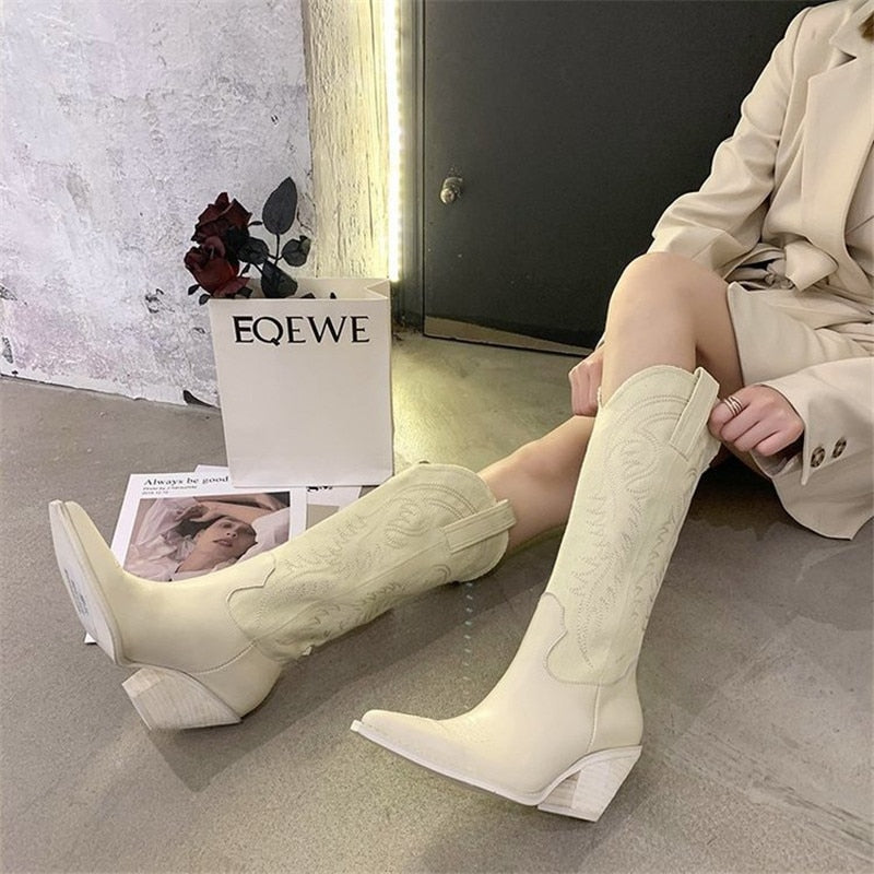 Female Embroider High Heel Leather Shoes Knee-High Cowboy Boots Stylish Women Western Boots Autumn Vintage Long Tube Knight Boot