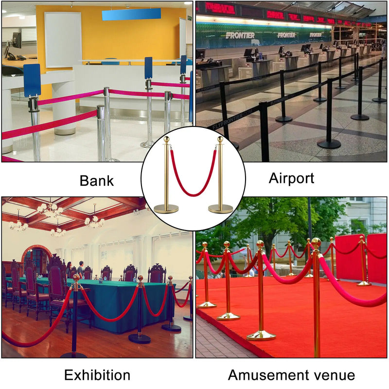 SucceBuy 35.4 Inch Gold/Silver Crowd Control Stanchion Posts Queue Red/Black Velvet Rope Line Barrier w/ Stable Base for Stadium