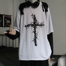 QWEEK Gothic Goth Style T-Shirt 2021 Mall Goth Tops Punk Langarm Oversized T-Shirt Fake Two-Piece Street Fashion Korean Style