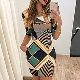 Fashion new casual ladies dress print pattern short-sleeved slim round neck dress ladies spring and autumn short dress