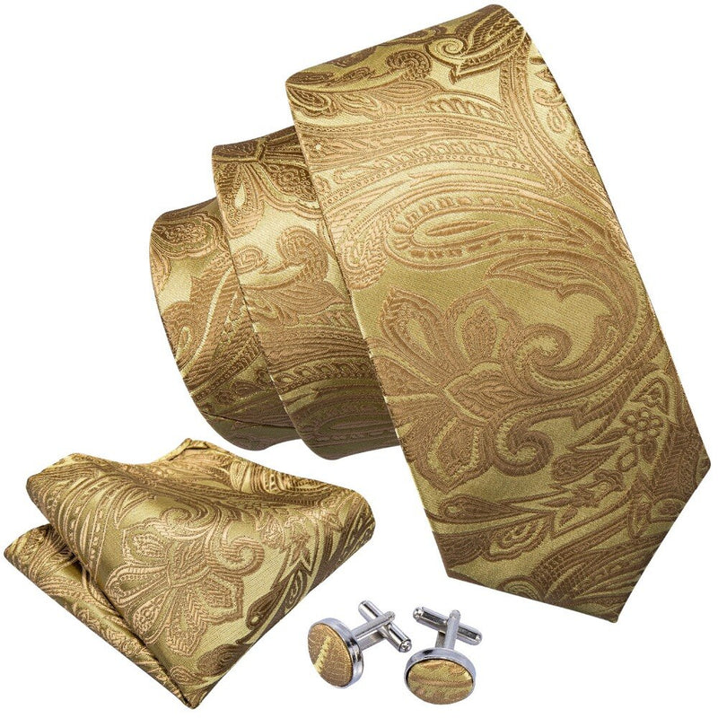 Gold Men Tie Paisley Silk Tie Pocket Square Gift Box Set Barry.Wang Luxury Designer Neck Tie For Men Male Gravat Wedding BB-5150