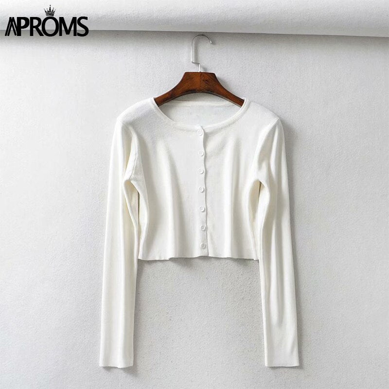 Aproms Candy Color Ribbed Knitted Cardigan Women Autumn Spring Long Sleeve Basic Cropped Sweaters Female Casual Short Jumper Top