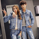 Autumn Korean Mens Denim Jacket Two Piece Set Slim Fit Hole Ripped Jeans Casual Unisex Cowboy Outfit Clothing Matching Sets