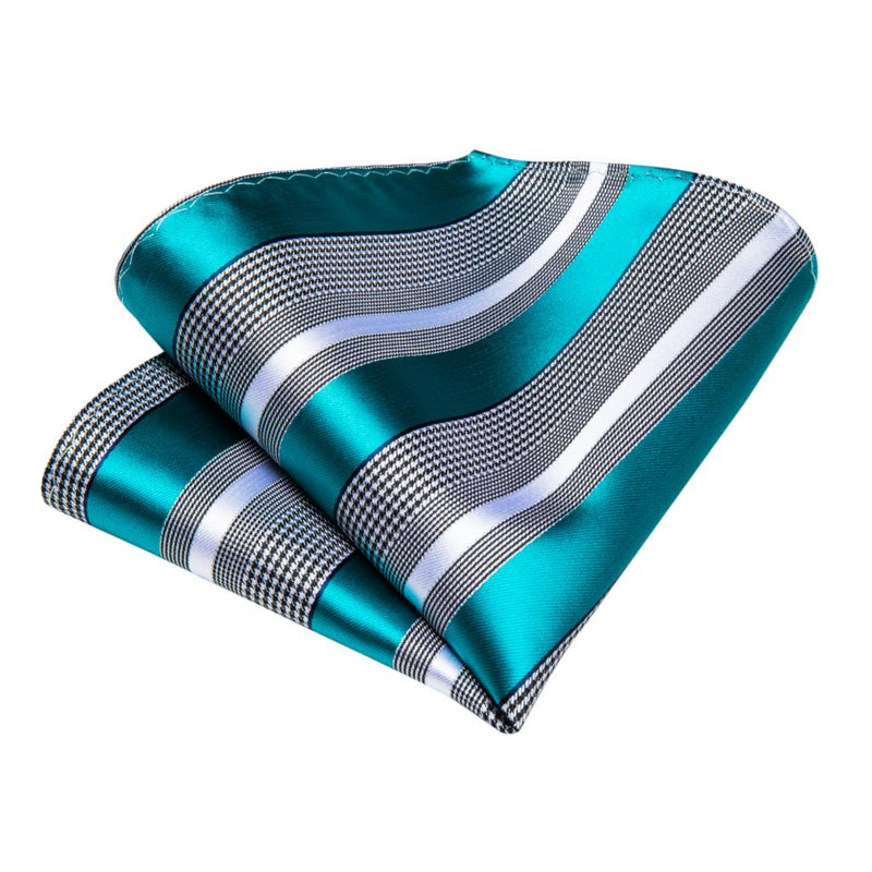 Gift Men Tie Teal Blue White Striped Silk wedding Tie For Men DiBanGu Designer Hanky Cufflink Quality Men Tie Set Business 7339