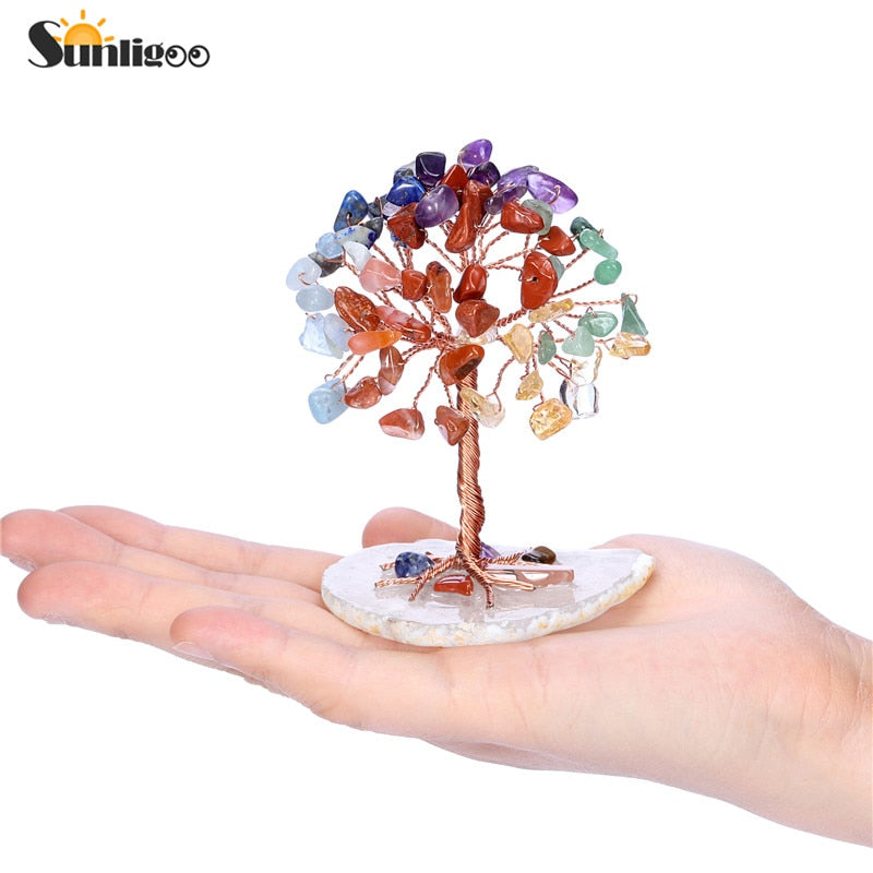 Sunligoo Super Mini Crystal Money Tree Copper Wire Wrapped W/ Agate Slice Base Healing Gemstone Yoga Feng Shui Trees Home Decor