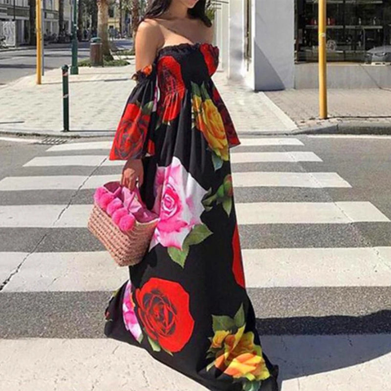 Hot Holiday Boho Women Off Shoulder Backless Flare Sleeve Floral Print Maxi Dress party Out of the ordinary Dress платье