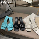 Eilyken Fashion Elegant Slippers Womens High Quality Solid Cozy PU Leather Square Toe Sandals Femme Low Heel Party Dress Shoes