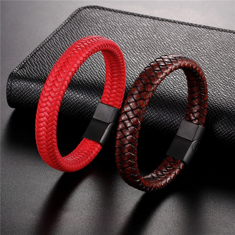 MKENDN Punk Men Leather Bracelet Black Stainless Steel Magnetic Clasp Braided Woven Bangle Pulseras lovers' gift