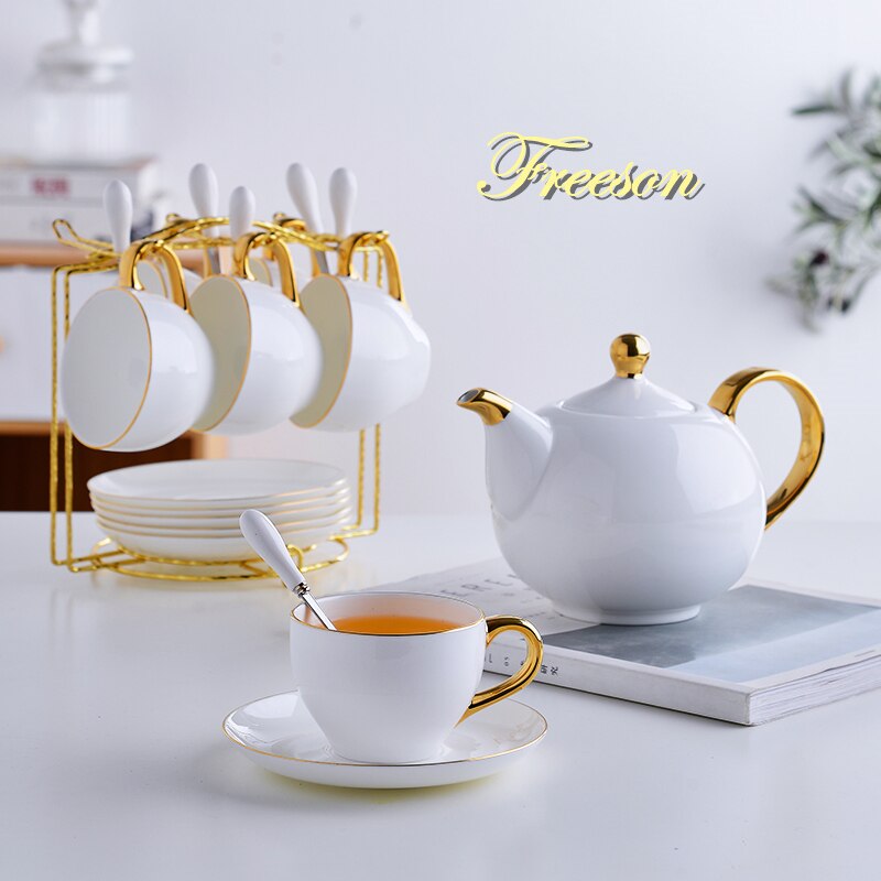 Elegant Bone China Tea Set Porcelain Scented Tea Cup Ceramic Pot Floral Teapot Set Cafe Mug Coffee Cup White Gold Teacup Teaset