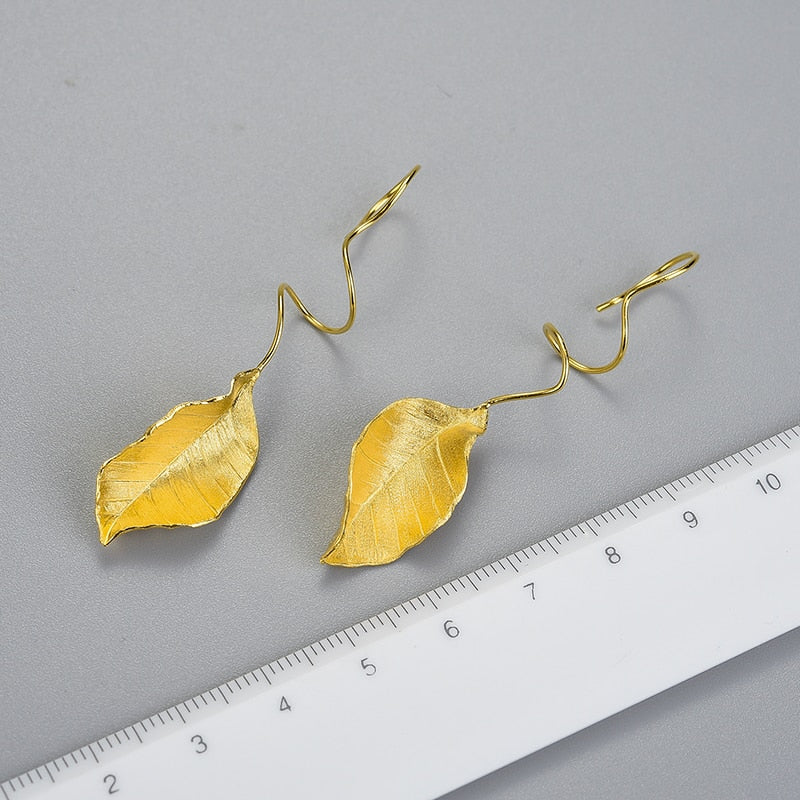 Lotus Fun Elegant Autumn Leaves Dangle Earrings Real 925 Sterling Silver 18K Gold Earrings for Women Gift Handmade Fine Jewelry