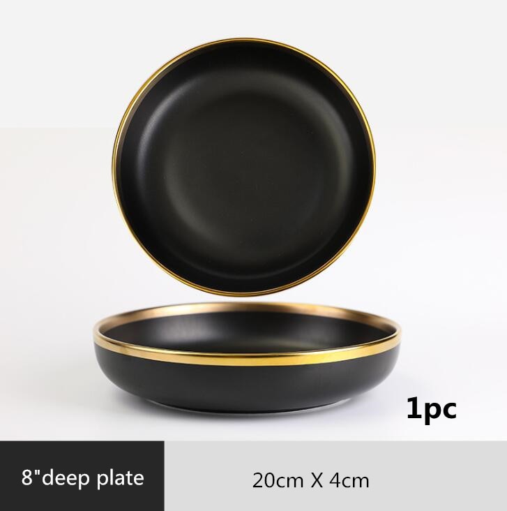 Gilt Rim Black Porcelain Dinner Plates Kitchen Dishes Ceramics Tableware Food Tray Rice Salad Noodles Bowl Cutlery Set