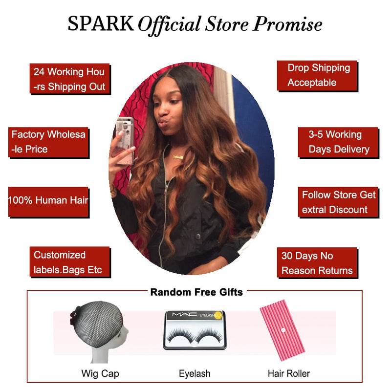 Spark Ombre Brazilian Body Wave 100% Human Hair 4x4 Lace Closure With Bundles Remy Hair Weaves Extension 3/4Bundles With Closure