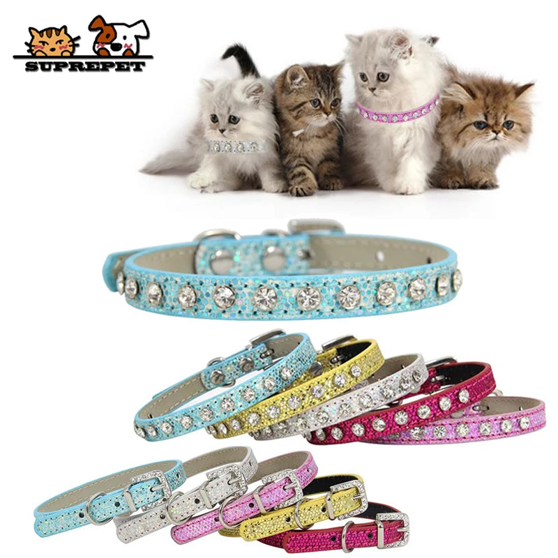 SUPREPET Diamond Rhinestone Shining Dog Cat Collar Pu Leather Collar Puppy Small Cat Collar Dog Cat Accessories for Chihuahua