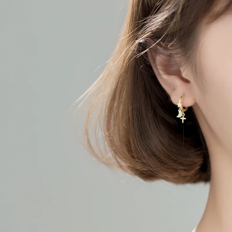 Trendy Genuine 100% 925 Sterling Silver Star Moon Cross Hoop Earrings for Women Lady Girl Party Fine Jewelry