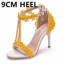 Crystal Queen Women Sandals White Lace Flowers Pearl Tassel 9CM Fine High Heels Slender Bridal Pumps Wedding Shoes