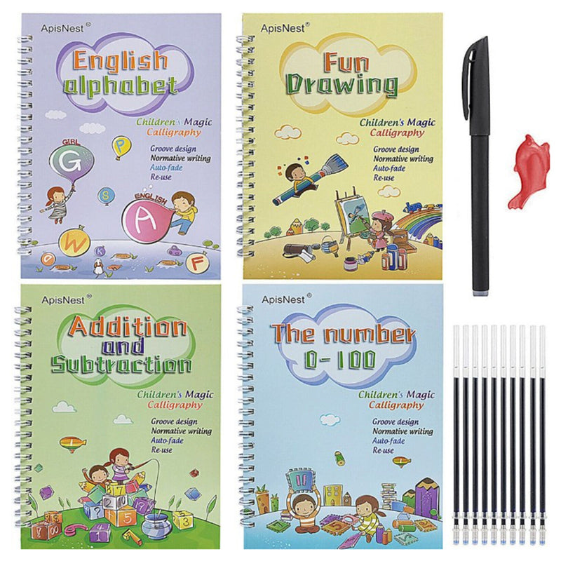 4 Books/Sets of Children's School Copybook 3D Calligraphy Reusable Handwriting Practice Learn Writing English Magic Stationery