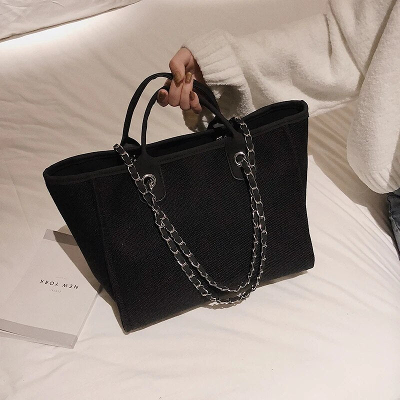 Women Totes Fashion Canvas Large Capacity Handbag Casual Chains Shoulder Bags Ladies Big Messenger Bag Shopping Bag