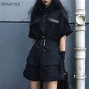 Rompers Women High Street Chic Belt Harajuku Hip Hop Black Girls Clothing Korean Letter Pocket Summer Fashion Womens Playsuits