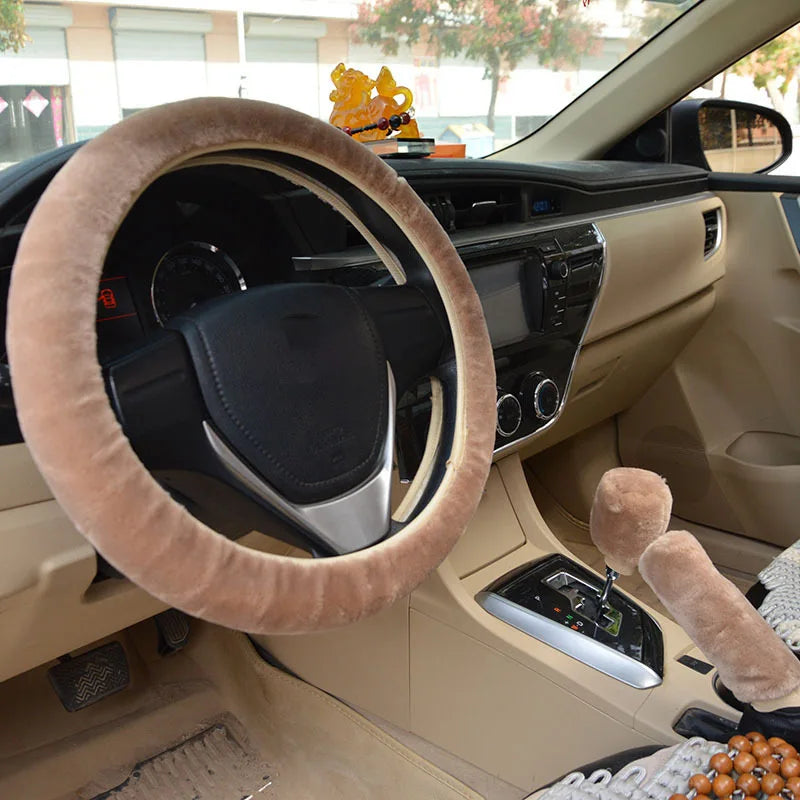 Car Steering Wheel Cover Gearshift Handbrake Cover Protector Decoration Warm Super Thick Plush Collar Soft Black Pink Women Man