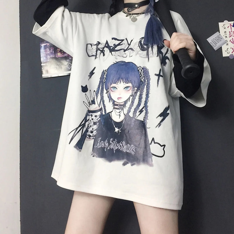 Gothic Clothes Loose T Shirts Harajuku Style Print Anime Tshirt Streetwear Female Short Sleeve Woman T-shirt E Girl Clothes