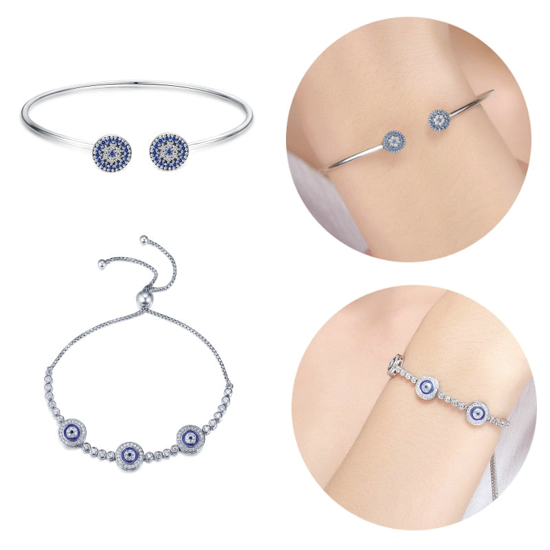 BISAER 925 Sterling Silver Round Lucky Blue Evil Eyes Love Heart Open Cuff Bangles Women &amp; Girl Silver Bracelets Fashion Jewelry