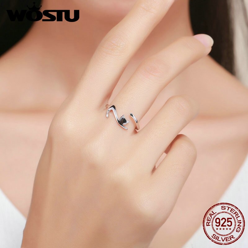 WOSTU 925 Sterling Silver Sticky Cat with Long Tail Finger Ring For Women Adjustable S925 Silver Ring Jewelry Gift CQR220