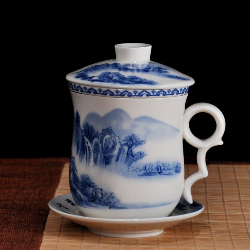 Blue and white porcelain ceramic office four-piece cup with lid including filter equipment personal lunch cup gift conference