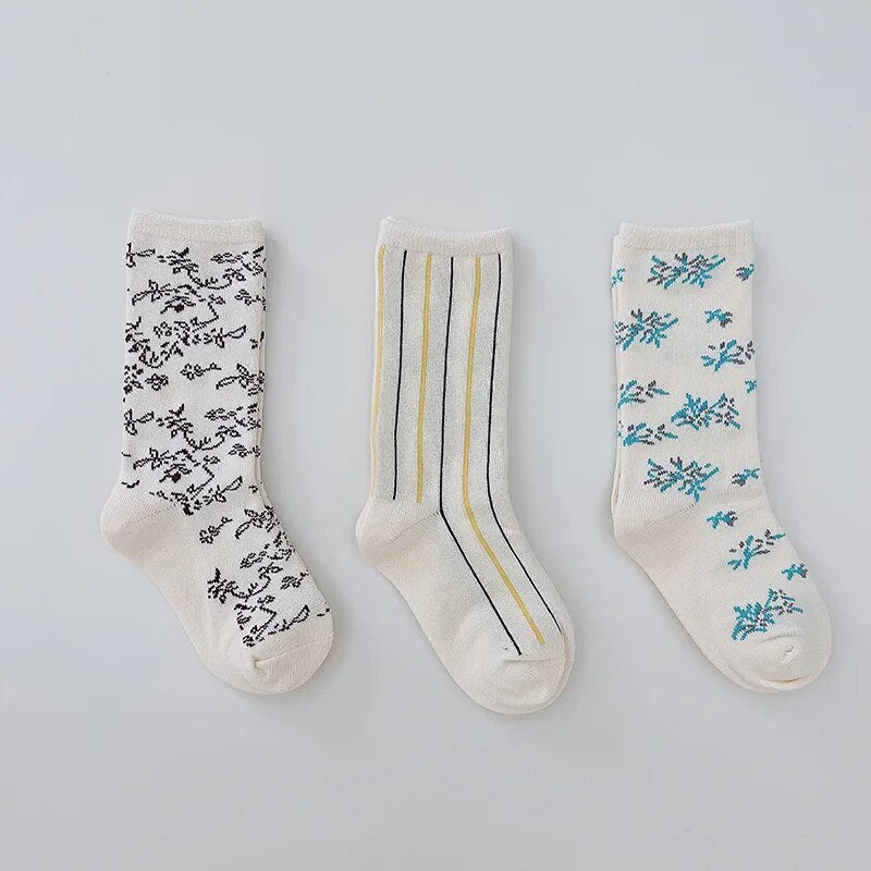 2022 Summer New 3 Pairs Cotton Children Socks Korean Style Flower Pattern Baby Girl's Princess Socks for Kids