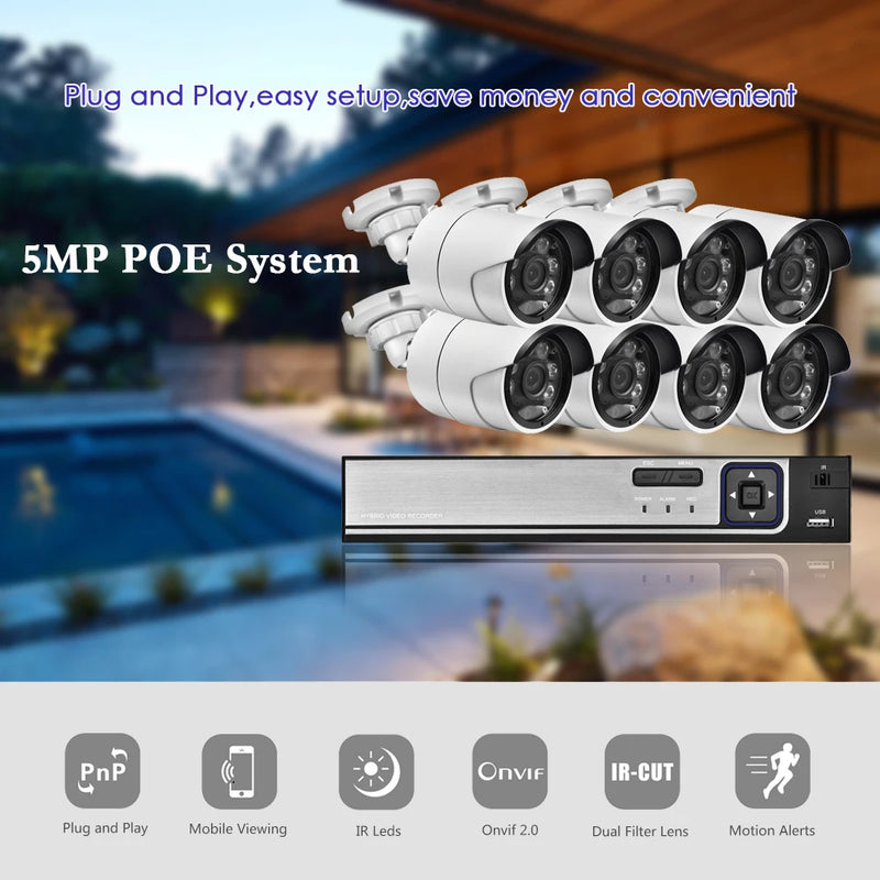 Gadinan H.265+ 8CH 5MP POE NVR Kit Security Face Detection CCTV System Audio AI 5MP IP Camera Outdoor P2P Video Surveillance Set