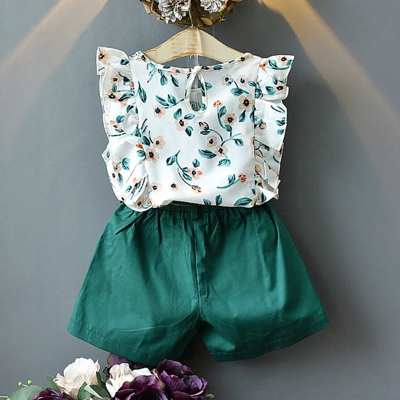 Girls Clothing Ruffle Sleeveless T-shirt+Skirt 2PCS Sets Baby Girls Clothes Chiffon Flower Print Toddler Outfits Children A402